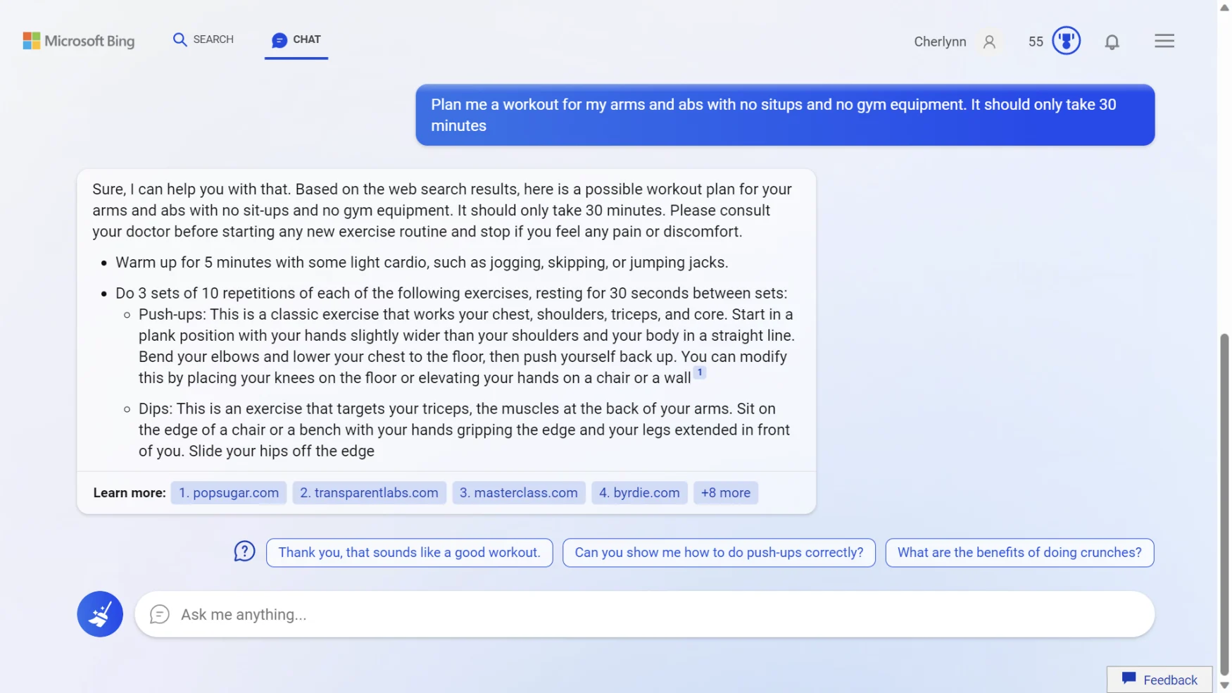 Captura de pantalla de una ventana de chat en el nuevo Bing que muestra una solicitud que dice 