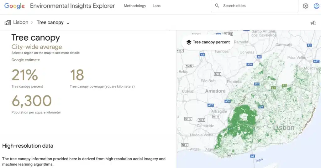 Captura de pantalla de Google EIE que muestra la cobertura de copas de árboles en Lisboa, España, en toda la ciudad.
