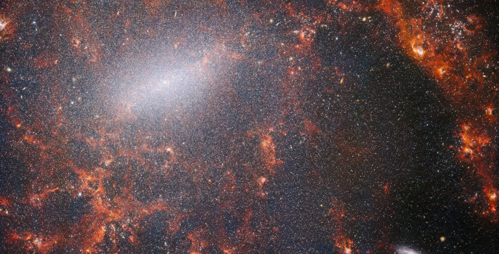 Un patrón delgado de polvo y cúmulos de estrellas brillantes atraviesa esta imagen del Telescopio Espacial James Webb de la NASA/ESA/CSA.  Esta imagen de NIRCam Webb muestra la población masiva de la galaxia, más densa a lo largo de su barra central brillante, así como nubes rojas de gas encendidas iluminadas por estrellas jóvenes en su interior.  Estas estrellas brillantes pertenecen a la galaxia espiral barrada NGC 5068, ubicada a unos 17 millones de años luz de la Tierra en la constelación de Virgo.  Este retrato de NGC 5068 es parte de una campaña para crear un tesoro astronómico, un repositorio de observaciones de formación estelar en galaxias cercanas.  Las joyas anteriores de esta colección se pueden ver aquí y aquí.  Estas observaciones son especialmente valiosas para los astrónomos por dos razones.  Primero, porque la formación de estrellas subyace en muchas áreas de la astronomía, desde la física del plasma enrarecido que se encuentra entre las estrellas hasta la evolución de galaxias enteras.  Al observar la formación de estrellas en las galaxias cercanas, los astrónomos esperan impulsar importantes avances científicos con algunos de los primeros datos disponibles de Webb.  La segunda razón es que las observaciones de Webb se basan en otros estudios de telescopios, incluido el Telescopio Espacial Hubble de NASA/ESA y algunos de los observatorios terrestres más eficientes del mundo.  Webb recolectó imágenes de 19 galaxias formadoras de estrellas cercanas, que los astrónomos pudieron luego combinar con los catálogos del Hubble de 10 000 cúmulos estelares, mapeo espectroscópico de 20 000 nebulosas de emisión formadoras de estrellas del Very Large Telescope (VLT) y observaciones de 12 000 galaxias oscuras.  , densas nubes moleculares identificadas por el Atacama Large Millimeter/Submillimeter Array (ALMA).  Estas observaciones abarcan el espectro electromagnético y brindan a los astrónomos una oportunidad sin precedentes para reconstruir los detalles de la formación estelar.  Esta imagen en el infrarrojo cercano de la galaxia está llena de un enorme cúmulo de viejas estrellas que forman el núcleo de NGC 5068. La aguda visión de NIRCam permite a los astrónomos mirar a través del gas y el polvo de la galaxia para examinar de cerca sus estrellas.  En el camino de los brazos espirales se encuentran densas y brillantes nubes de polvo: estas son regiones H II, acumulaciones de gas hidrógeno, donde se forman nuevas estrellas.  Las estrellas jóvenes y enérgicas ionizan el hidrógeno que las rodea, lo que, combinado con la expulsión de polvo caliente, crea un brillo rojizo.  Las regiones H II son un objetivo fascinante para los astrónomos, y los instrumentos Webb son herramientas ideales para estudiarlas, lo que da como resultado esta imagen. [Image Description: A close-in image of a spiral galaxy, showing its core and part of a spiral arm. At this distance thousands upon thousands of tiny stars that make up the galaxy can be seen. The stars are most dense in a whitish bar that forms the core, and less dense out from that towards the arm. Bright red gas clouds follow the twist of the galaxy and the spiral arm.] Enlaces NGC 5068 (imagen NIRCam+MIRI) NGC 5068 (imagen MIRI) Herramienta deslizante (imágenes MIRI y NIRCam) Panorámica de video NGC 5068 Video NGC 5068 Vistas Webb (imágenes MIRI y NIRCam) Zoom de video NGC 5068 