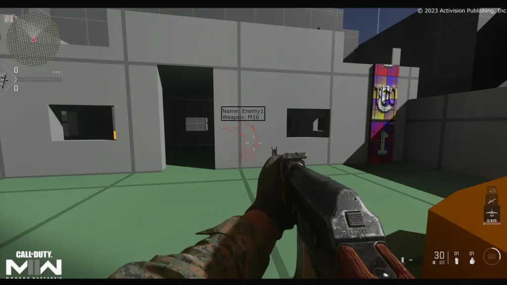 Captura de pantalla de Call of Duty que muestra la silueta de un jugador enemigo a través de una pared e información sobre su arma.