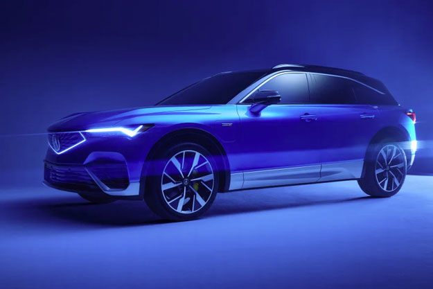 Imagen promocional de un vehículo eléctrico Acura ZDX azul en un entorno azul iluminado exclusivamente por luz azul.