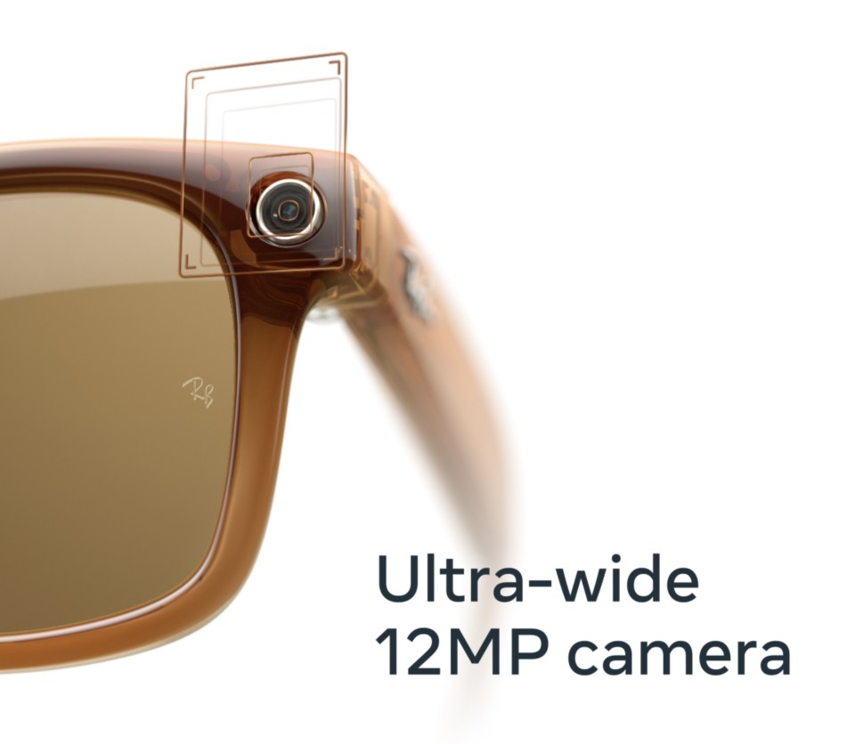 La imagen muestra la cámara ultra gran angular de 12 MP de las gafas inteligentes Ray-Ban Meta.