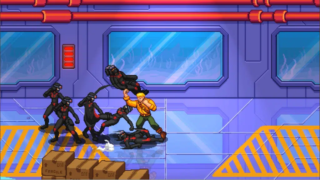 Jugabilidad del próximo GI Joe: Wrath of Cobra.  El Duque (camisa dorada, jeans verdes) lanza un gancho mientras los distintos soldados Cobra vuelan.  Fondo azul con ventanas futuristas y tuberías rojas en estilo retro de los años 80-90.