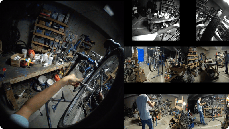Videoclips que muestran la vista en primera persona de Ego-Exo4D y la aparición de un hombre reparando una bicicleta.